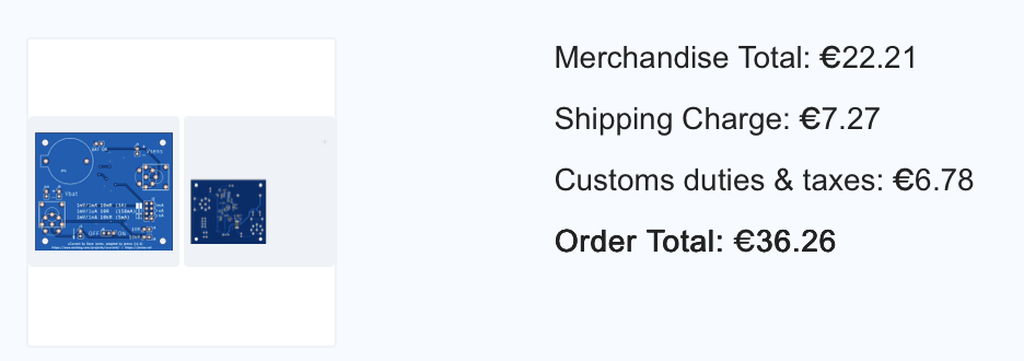 Figure 1: JLCPCB order costs for 5 assembled boards, with a discount of ~8€.