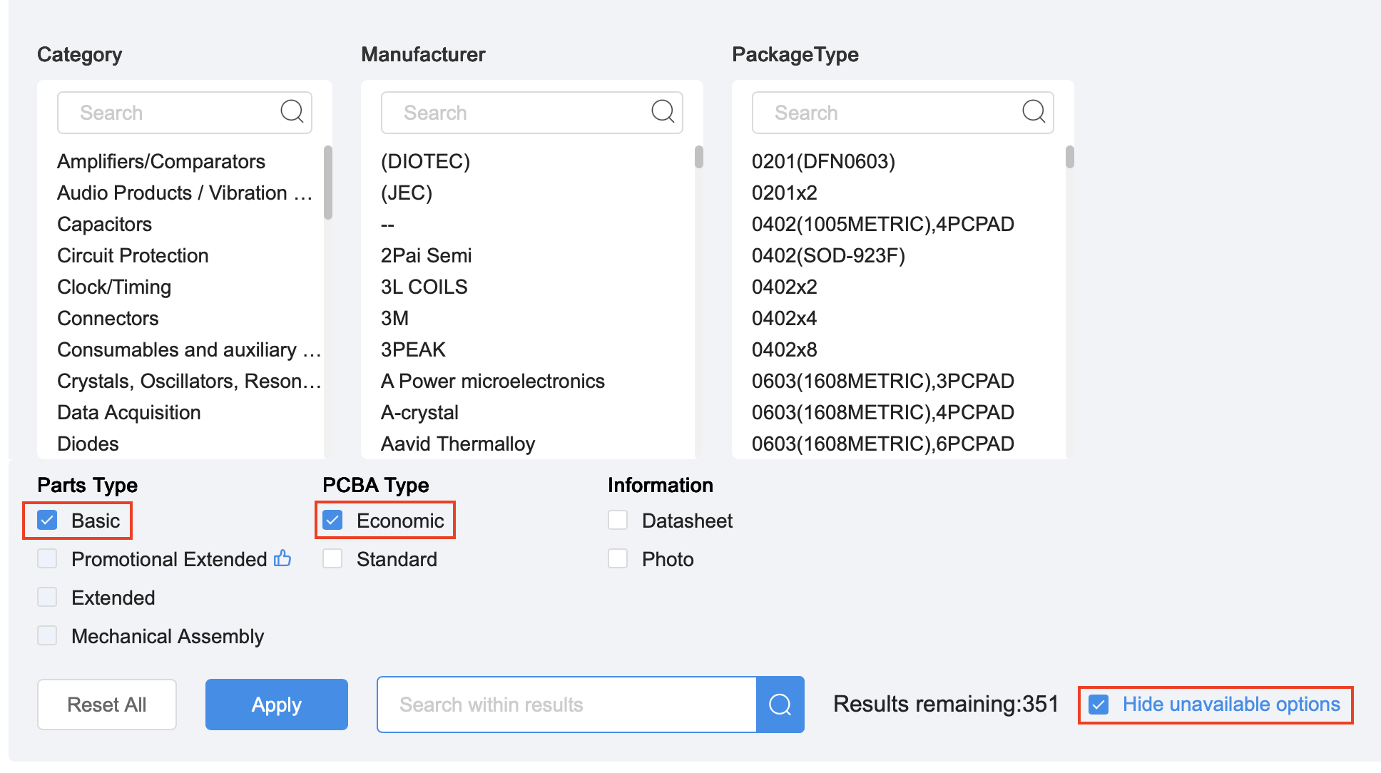 Figure 2: JLCPCB parts search of basic components (https://jlcpcb.com/parts/in-stock-parts).